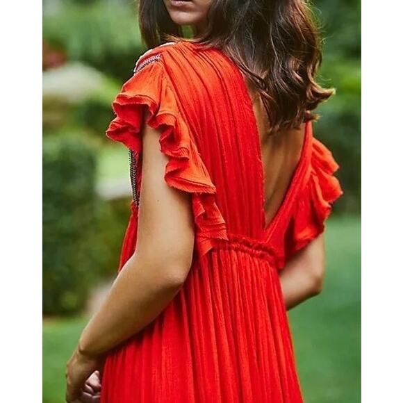 FREE PEOPLE Bali Will Wait For You Boho Embroidered Maxi Dress Red Medium M - Picture 4 of 16